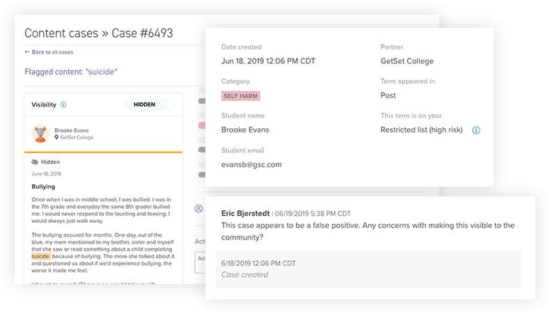 Examples of student activity on the GetSet Student Community, including a post titled, "This time next year," notifications about new comments and likes on a post, and a student profile, with a photo, bio, and invitation to follow the student.